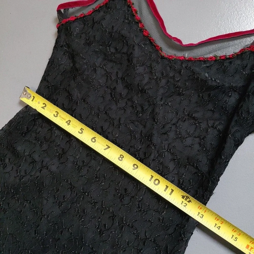 VTG Betsey Johnson Slip Dress Black Lace Rose Ditsy Neckline Velvet Trim Large - Picture 11 of 16